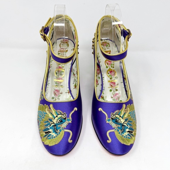 Gucci Purple Dragon Embroidered Mary Jane Heels Spiked Block Crystal 37 FW 2017 - Picture 3 of 12